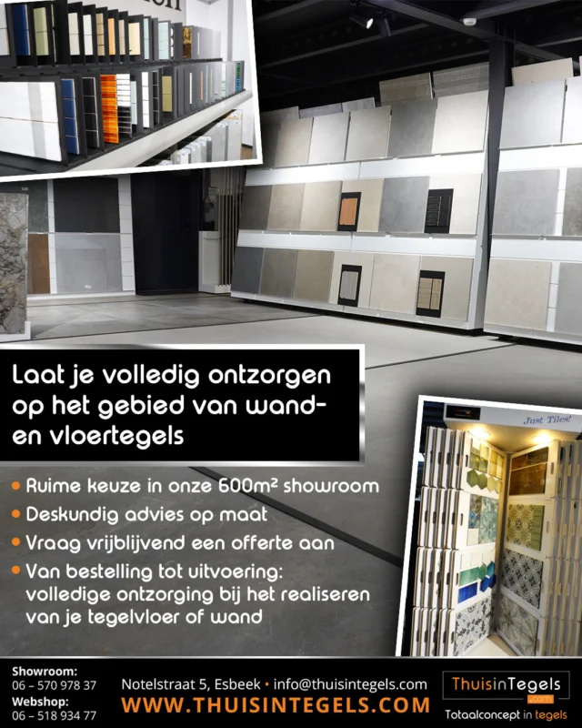 ✅ 𝐕𝐨𝐥𝐥𝐞𝐝𝐢𝐠𝐞 𝐨𝐧𝐭𝐳𝐨𝐫𝐠𝐢𝐧𝐠 𝐯𝐚𝐧 𝐀 𝐭𝐨𝐭 𝐙! ✅
Bij Thuis in Tegels maken we het je graag makkelijk als het gaat om wand- en vloertegels. Wij regelen alles, zodat jij zorgeloos kunt genieten van het eindresultaat!
 
✔️ Ruime keuze in onze 600m² showroom
✔️ Deskundig advies op maat
✔️ Vrijblijvende offerte aanvragen
✔️ Van bestelling tot uitvoering: wij regelen het!
 
Kom langs en ontdek de mogelijkheden! ✨
 
𝗧𝗵𝘂𝗶𝘀 𝗶𝗻 𝗧𝗲𝗴𝗲𝗹𝘀 𝗺𝗮𝗮𝗸𝘁 𝗷𝗼𝘂𝘄 𝘄𝗼𝗼𝗻𝘄𝗲𝗻𝘀𝗲𝗻 𝘄𝗮𝗮𝗿!