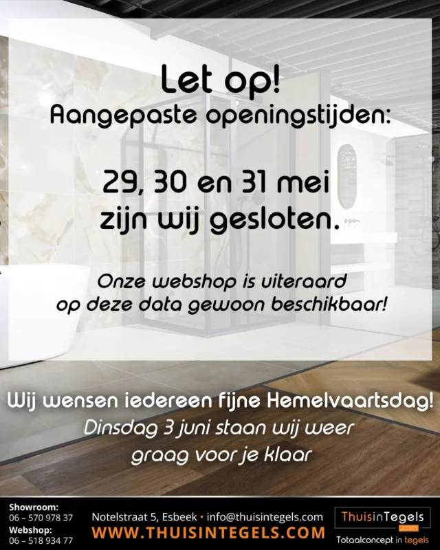 𝐋𝐞𝐭 𝐨𝐩: 𝐚𝐚𝐧𝐠𝐞𝐩𝐚𝐬𝐭𝐞 𝐨𝐩𝐞𝐧𝐢𝐧𝐠𝐬𝐭𝐢𝐣𝐝𝐞𝐧ⵑ
Op 29, 30 en 31 mei is de showroom gesloten in verband met Hemelvaart. Vanaf dinsdag 3 juni staan wij weer vol inspiratie voor je klaar! De webshop is uiteraard gewoon geopend.

We wensen iedereen een fijne en zonnige Hemelvaartsdag! 🌞